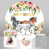 Rosa Blumen Und Pferd Runden Glücklich Geburtstag Hintergrund